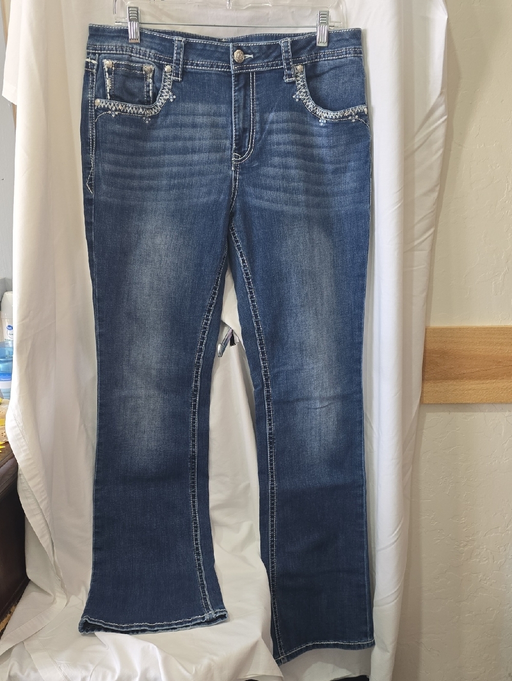 Grace Distressed Dark Blue Flare Jeans with Contrast Stitching